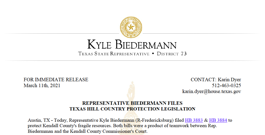 Representative Biedermann Files Texas Hill Country Protection Legislation