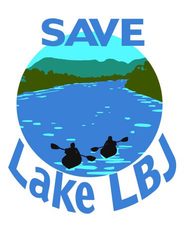 Two paddlers kayak on blue water in the logo for Save Lake LBJ