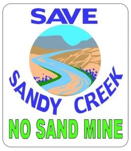 A creek flows through a sandy hills on the logo for Save Sandy Creek
