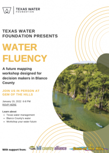 Texas Water Foundation flyer for Water Fluency Workshop on January 19, 2021 in Blanco, TX