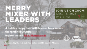 Merry Mixer with Leaders flyer - holiday party happening on Zoom on Dec. 16, 2021 from 6-7 PM
