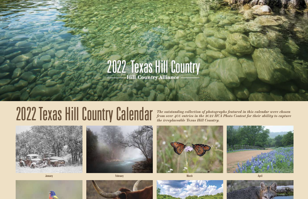 2022 Hill Country Calendar cover depicts a clear Hill Country river