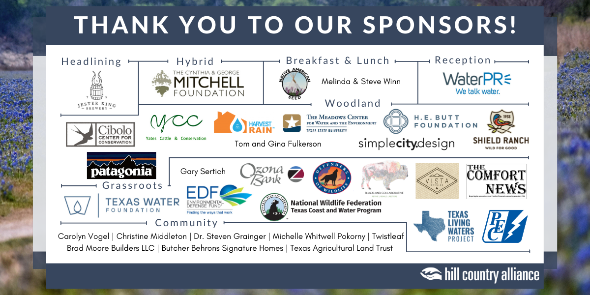 Several dozen logos are shown from organizations across the region who have sponsored the 2022 Hill Country Leadership Summit