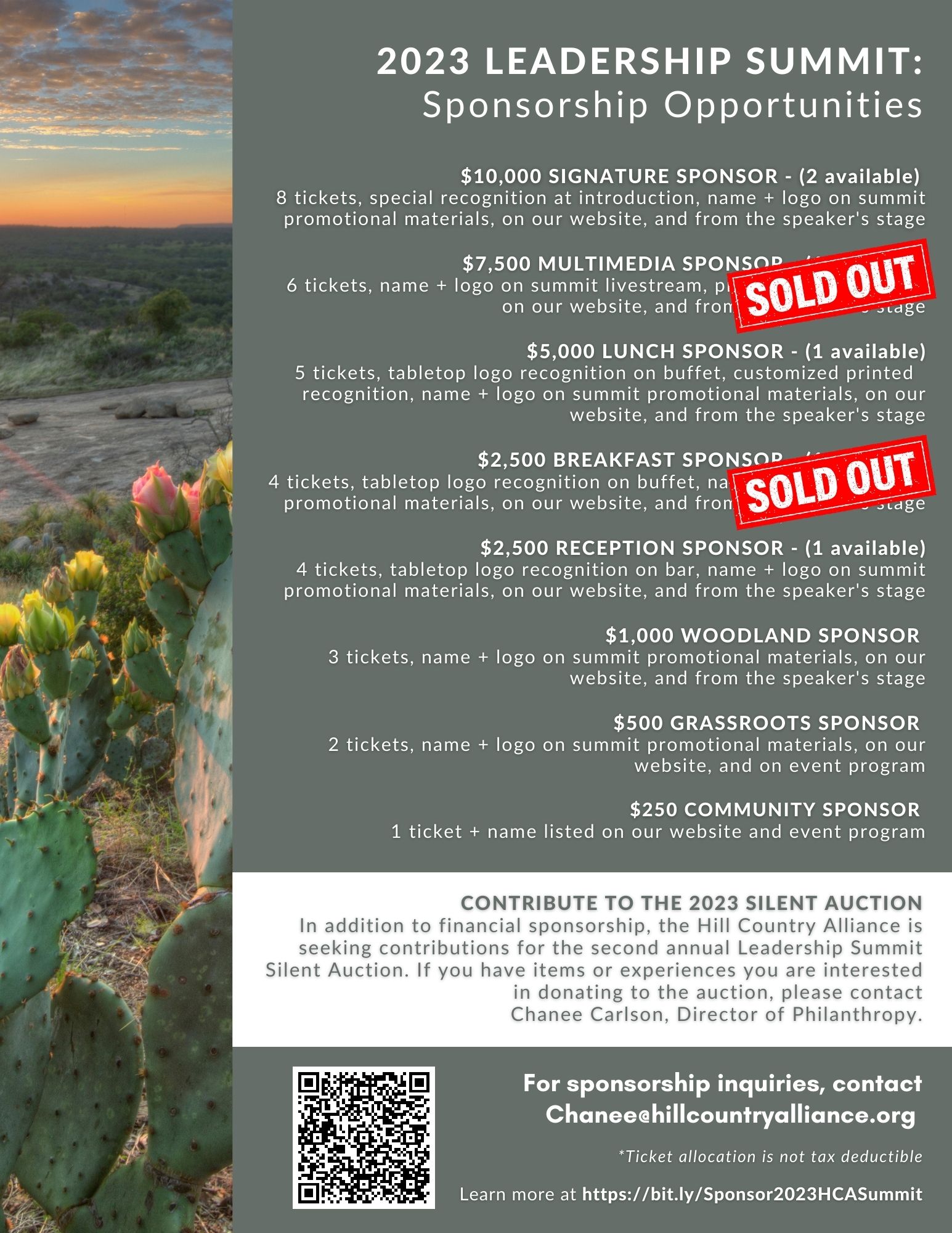 Back cover of 2022 Hill Country Leadership Summit Sponsorship Packet - click to read PDF outlining sponsorship levels. $2000 Reception and $2500 Lunch Sponsor level is sold out - other opportunities exist.