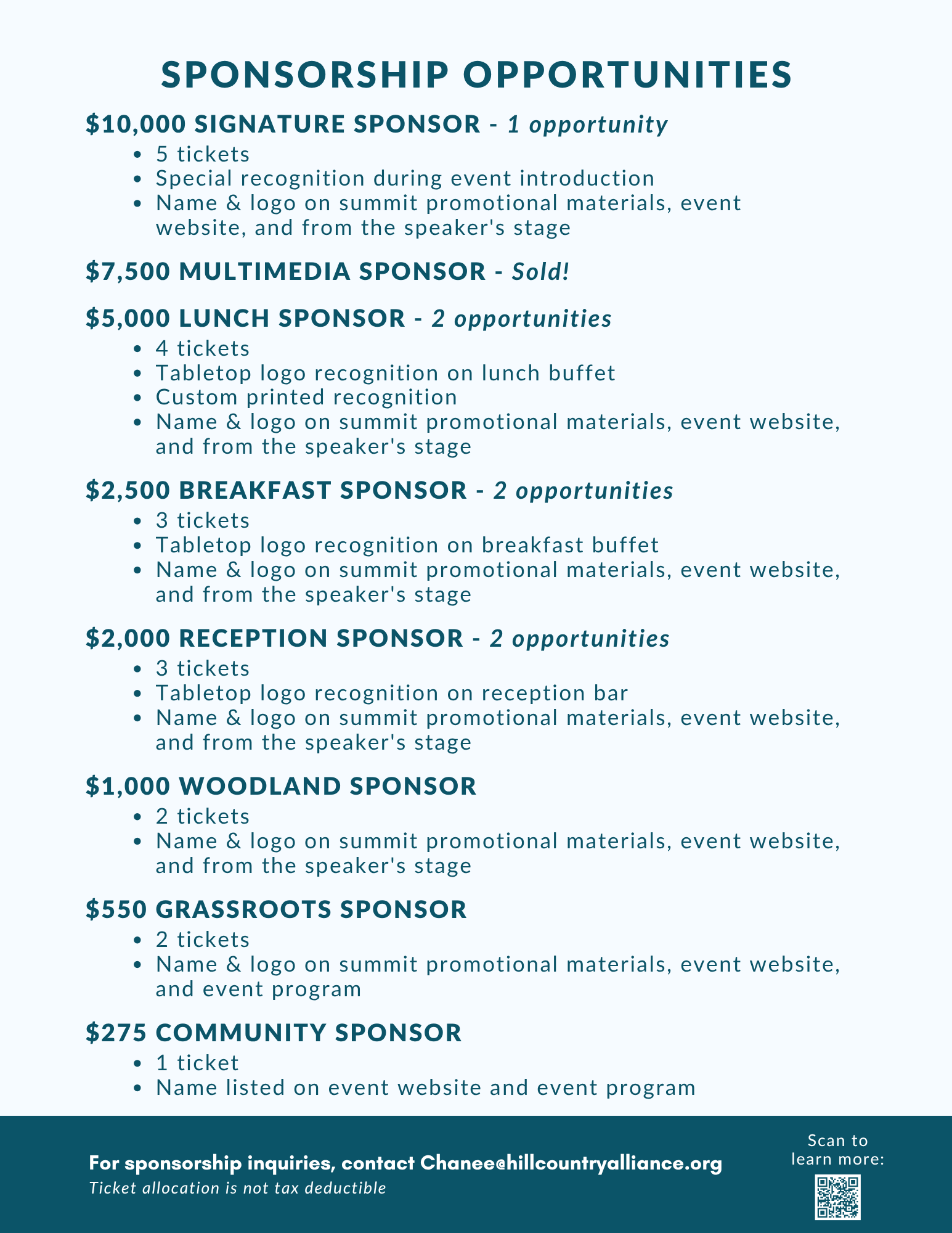 Back cover of 2022 Hill Country Leadership Summit Sponsorship Packet - click to read PDF outlining sponsorship levels. $2000 Reception and $2500 Lunch Sponsor level is sold out - other opportunities exist.