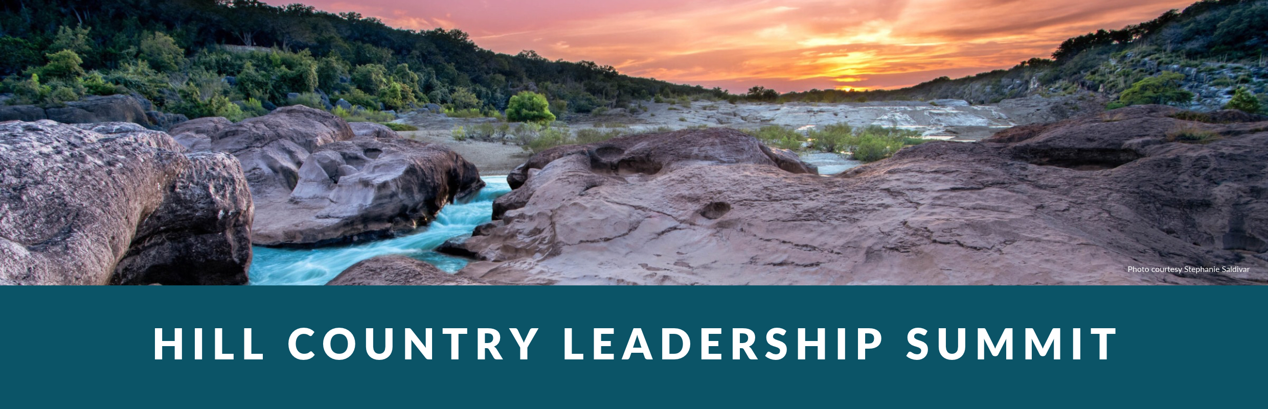 Banner shows a sunset view over the Pedernales River. Text reads "Hill Country Leadership Summit - Save the date for next year. Thursday, September 23, 2027"