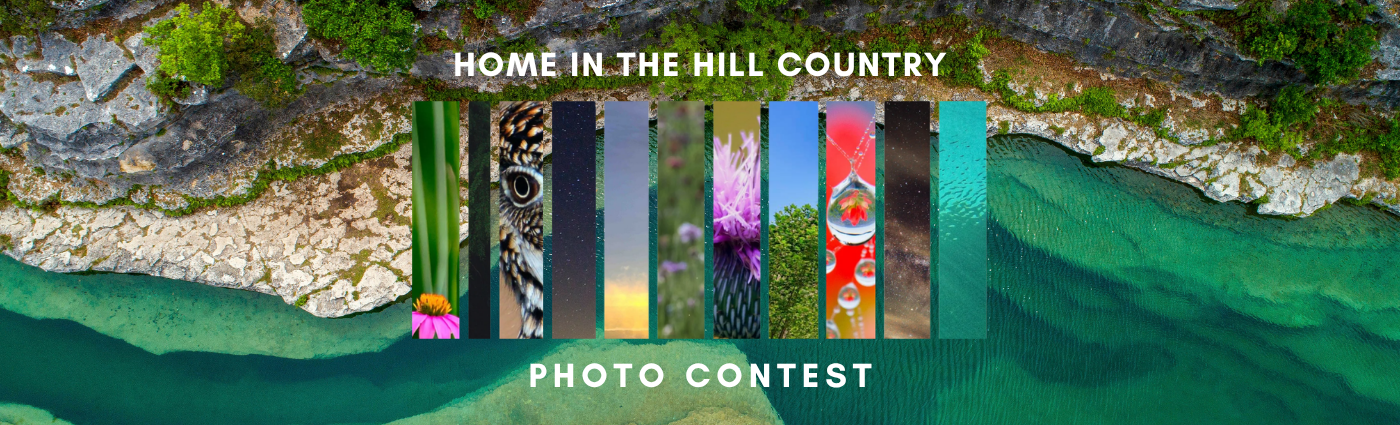 Three images are shown in picture frames. The first shows a cowboy and a herd of longhorns, the second shows a scuba diver in crystal clear water in the San Marcos River, and the third shows a massive gravel mine rising from the forest with houses shown clustered nearby. Banner reads "2022 Photo Contest: Snapshot of the Hill Country - Our region is changing. Share your view! Hill Country Alliance"