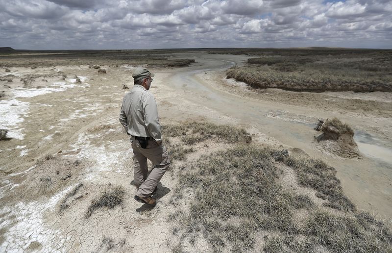 A biologist looks over a nearly dry spring at the Muleshoe National Wildlife Refuge outside Muleshoe, Texas, in May 2021.Photographer: Mark Rogers/AP Photo