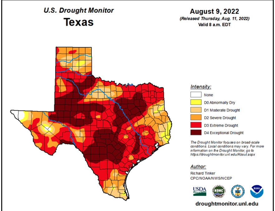US Drought Monitor map shows extreme and exceptional drought across the Hill Country - released Thursday, Aug. 11, 2022.