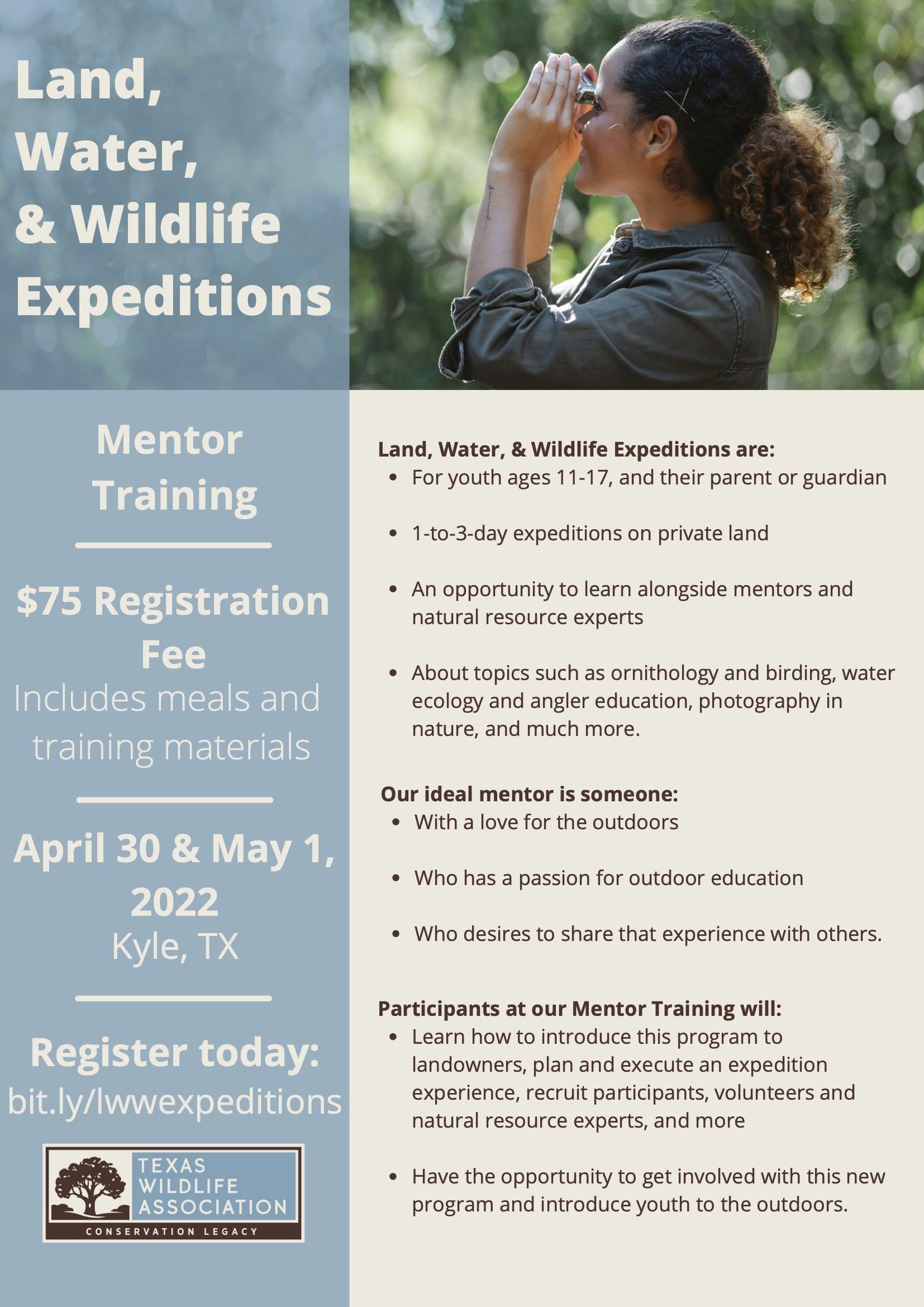 Flyer for Texas Wildlife Association Land, Water, and Wildlife Expeditions Mentor Training