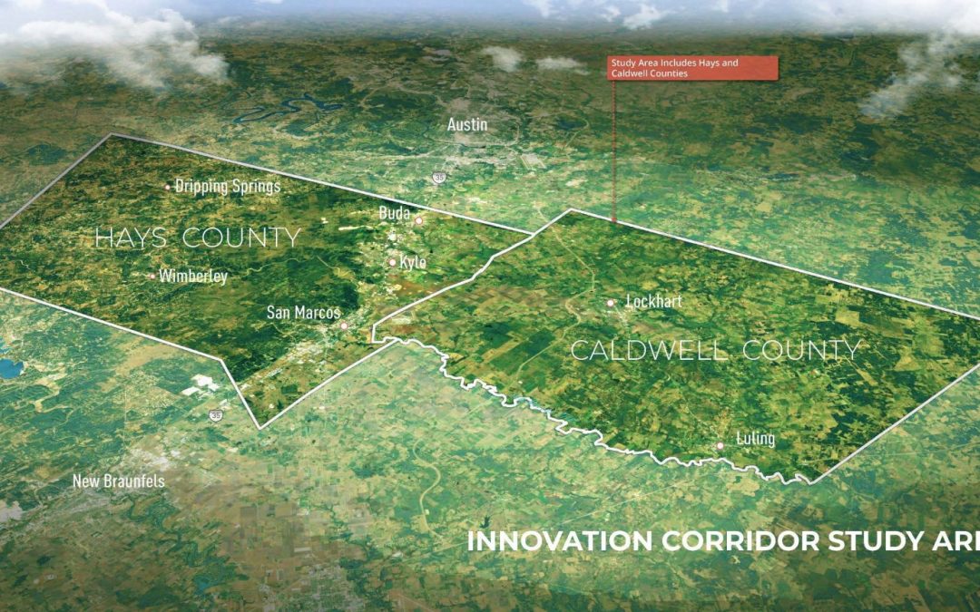 Map of Hays and Caldwell county explaining the innovation corridor range