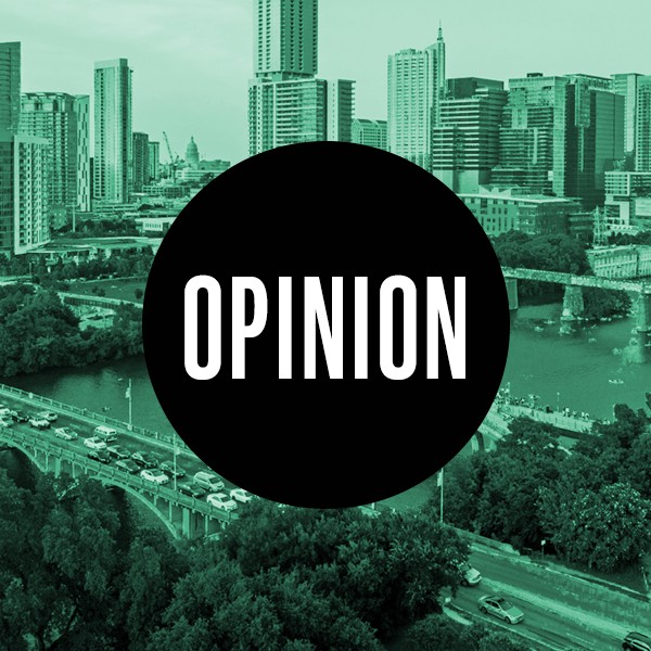 View of the Austin city skyline with the word "Opinion" in a black circle in the middle