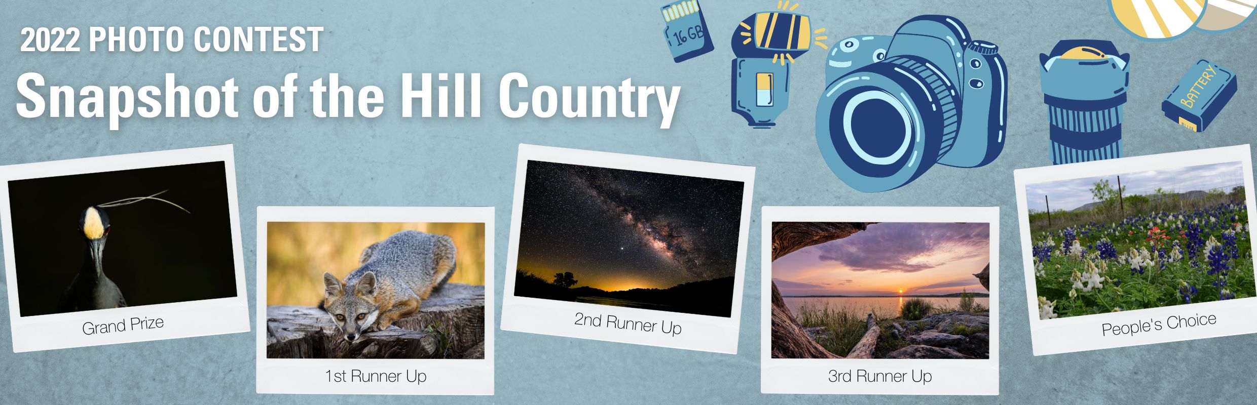 Three images are shown in picture frames. The first shows a cowboy and a herd of longhorns, the second shows a scuba diver in crystal clear water in the San Marcos River, and the third shows a massive gravel mine rising from the forest with houses shown clustered nearby. Banner reads "2022 Photo Contest: Snapshot of the Hill Country - Our region is changing. Share your view! Hill Country Alliance"