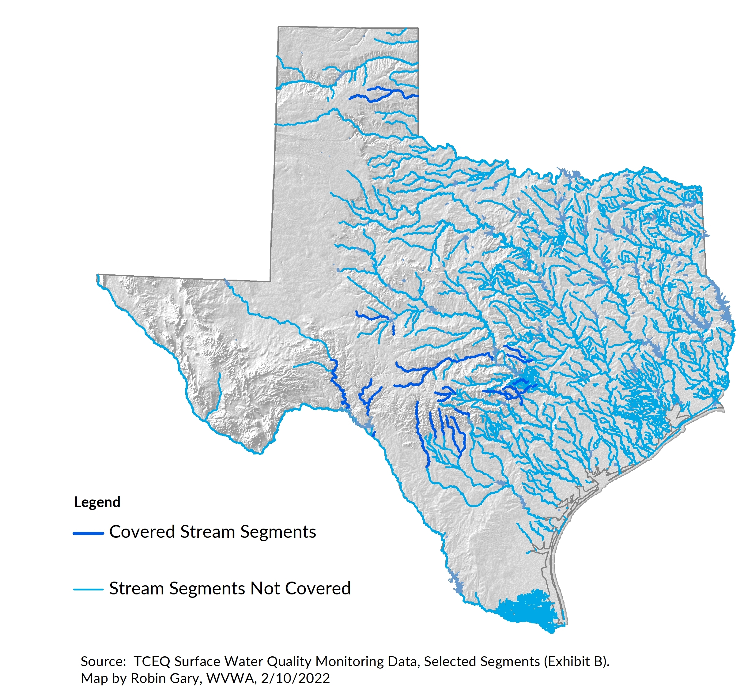 Geographic map shows all the rivers and streams segments in Texas with segments that would be covered by the proposed petition in dark blue.