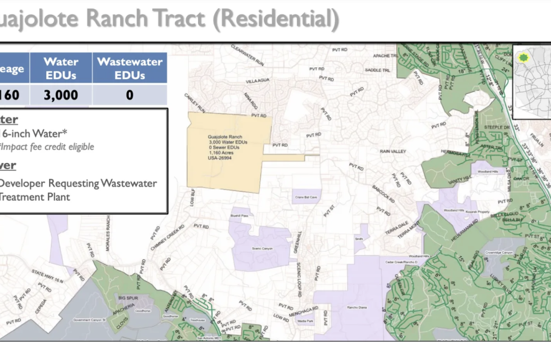 A presented map shows the 1,160 acre property at Guajolote Ranch (yellow) and the lack of nearby wastewater equivalent dwelling units (EDUs) Credit: Courtesy / San Antonio Water System