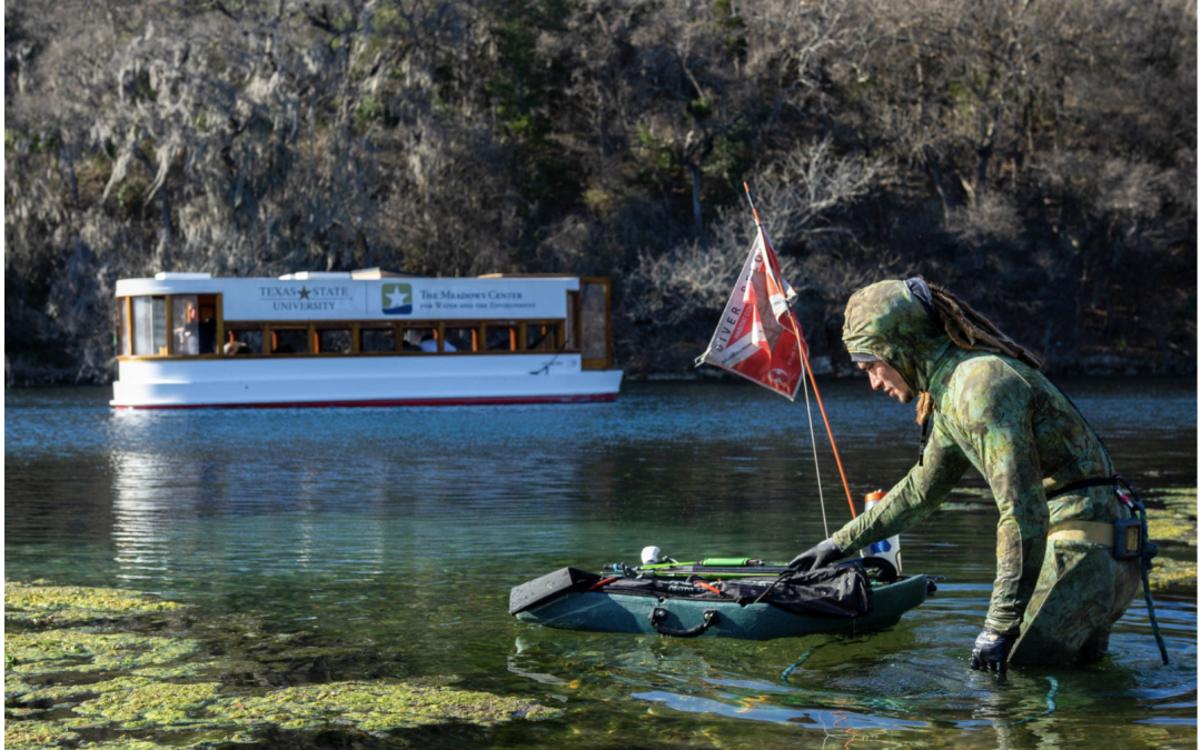 Nick Menchaca gets into the water to start searching for invasive fish as the Meadows Center for Water and Environment conducts glass-bottom boat tours at Spring Lake near San Marcos, Texas