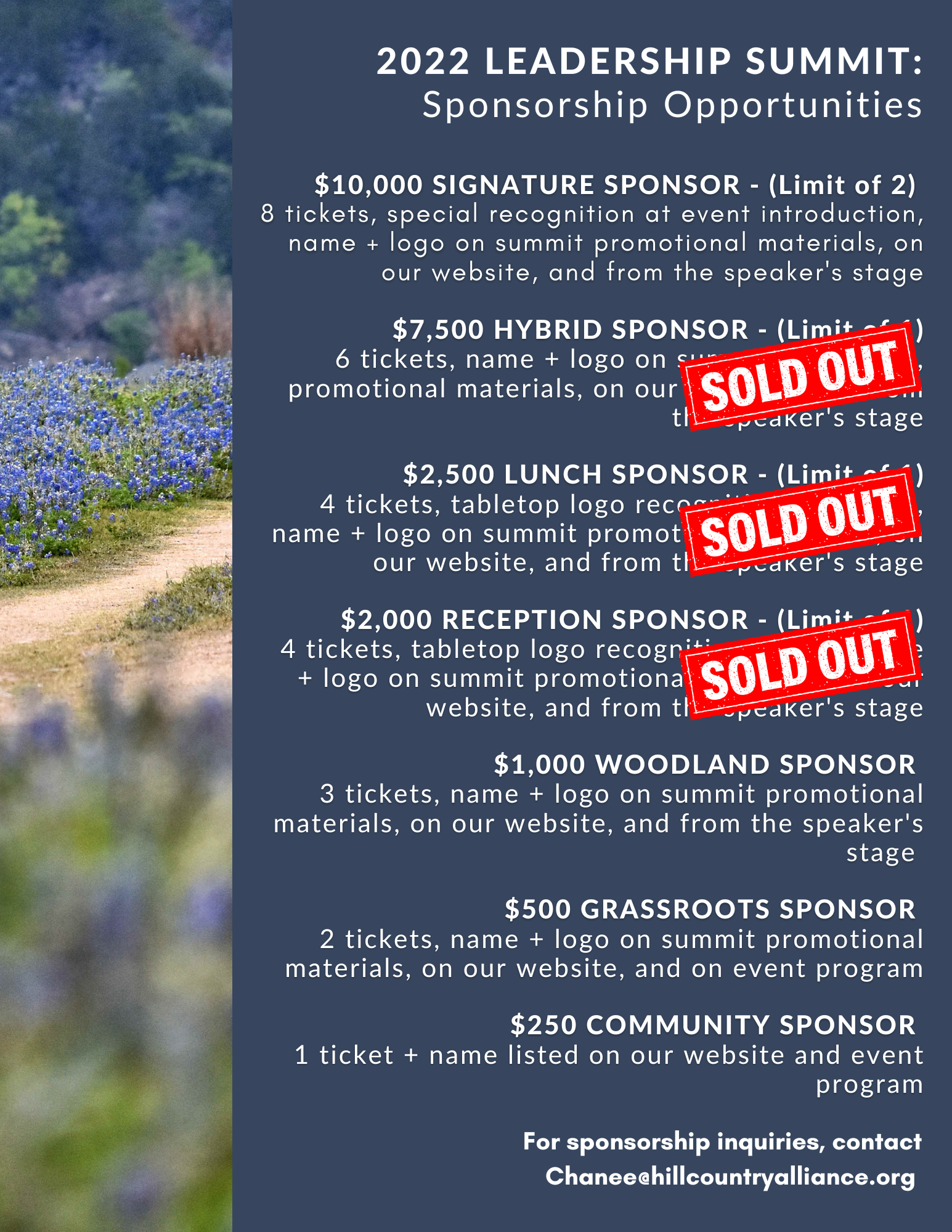 Back cover of 2022 Hill Country Leadership Summit Sponsorship Packet - click to read PDF outlining sponsorship levels. $2000 Reception and $2500 Lunch Sponsor level is sold out - other opportunities exist.