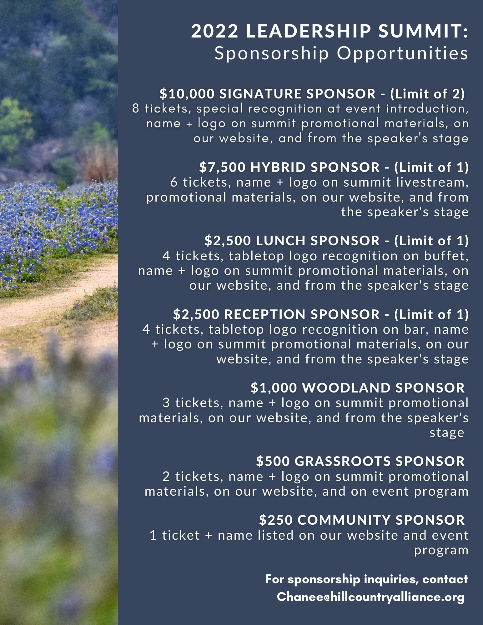 Back cover of 2022 Hill Country Leadership Summit Sponsorship Packet - click to read PDF outlining sponsorship levels.