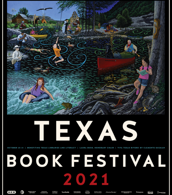 Poster for the Texas Book Festival with an illustration of people playing in a river