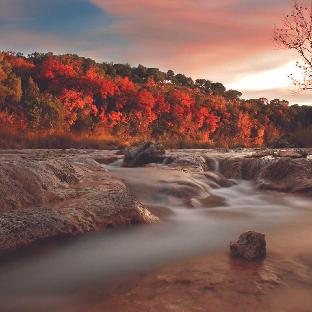 Sunset fades over red trees and the flowing water of a rocky creek