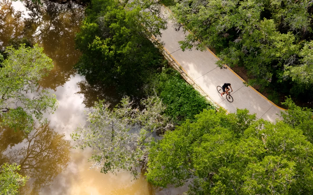 A bicyclist rides on the Salado Creek Greenway trail, which runs through the Edwards Aquifer recharge zone. Credit: Nick Wagner / San Antonio Report